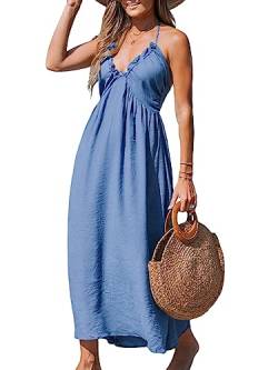 CUPSHE Damen Sommerkleid V Ausschnitt Ärmellos Neckholder Lang Freizeitkleider Beach Smocked Maxi Dress Blau L von CUPSHE