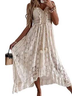 CUPSHE Damen Sommerkleid V Ausschnitt Floral Spitze Quasten Spaghetti Trägerkleid Freizeitkleider Hi-Low Party Boho Beach Maxi Dress Beige L von CUPSHE