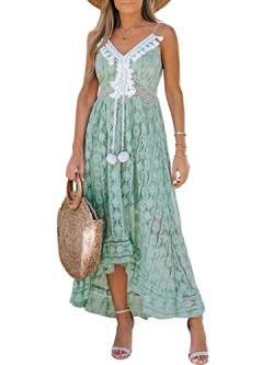 CUPSHE Damen Sommerkleid V Ausschnitt Floral Spitze Quasten Spaghetti Trägerkleid Freizeitkleider Hi-Low Party Boho Beach Maxi Dress Minzgrün L von CUPSHE