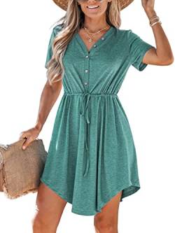 CUPSHE Damen Sommerkleid V Ausschnitt Knöpfen Asymmetrischer Saum Kurzes T Shirt Kleid Freizeitkleider Tunika Mini Dress Grün M von CUPSHE