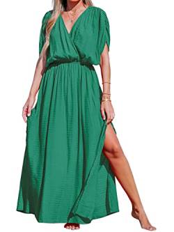 CUPSHE Damen Sommerkleid V Ausschnitt Kurzarm Seitenschlitz Strandkleid Lang Freizeitkleider Beach Cover Up Maxi Dress Grün M von CUPSHE