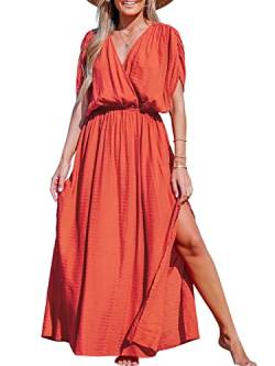 CUPSHE Damen Sommerkleid V Ausschnitt Kurzarm Seitenschlitz Strandkleid Lang Freizeitkleider Beach Cover Up Maxi Dress Orange S von CUPSHE