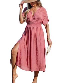 CUPSHE Damen Sommerkleid V Ausschnitt Kurzarm Seitenschlitz Strandkleid Lang Freizeitkleider Beach Cover Up Maxi Dress Rosa S von CUPSHE