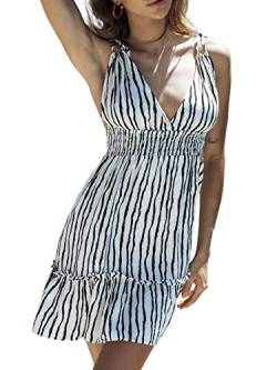 CUPSHE Damen Sommerkleid V Ausschnitt Rückenfrei Spaghetti Trägerkleid Streifen Rüschensaum Freizeitkleider Beach Mini Dress Weiße Streifen M von CUPSHE
