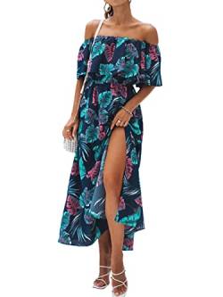 CUPSHE Damen Sommerkleid Volants Schulterfreies Kleid Beinschlitz Tropical Print Freizeitkleider Beach Off Shoulder Maxi Dress Blau L von CUPSHE