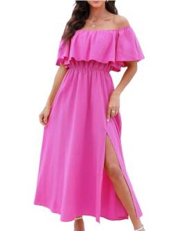 CUPSHE Damen Sommerkleid Volants Schulterfreies Kleid Strandkleid Beinschlitz Luftig A Linie Freizeitkleider Beach Off Shoulder Maxi Dress Fuchsia S von CUPSHE