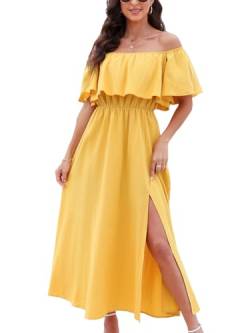 CUPSHE Damen Sommerkleid Volants Schulterfreies Kleid Strandkleid Beinschlitz Luftig A Linie Freizeitkleider Beach Off Shoulder Maxi Dress Gelb S von CUPSHE