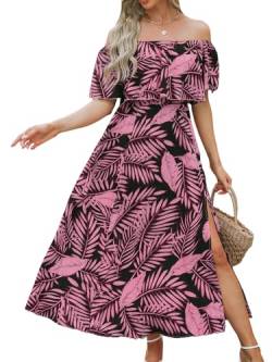 CUPSHE Damen Sommerkleid Volants Schulterfreies Kleid Strandkleid Beinschlitz Tropical Print A Linie Freizeitkleider Beach Off Shoulder Maxi Dress Schwarzes Blatt M von CUPSHE