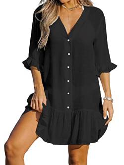 CUPSHE Damen Strandkleid Bikini Cover Up V Ausschnitt Knöpfen Rüschensaum Freizeitkleider Sommer Beach Mini Dress Schwarz M von CUPSHE