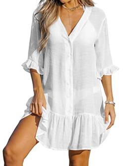 CUPSHE Damen Strandkleid Bikini Cover Up V Ausschnitt Knöpfen Rüschensaum Freizeitkleider Sommer Beach Mini Dress Weiß M von CUPSHE