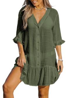 CUPSHE Damen Strandkleid Bikini Cover Up V Ausschnitt Knopfleiste Rüschen Freizeitkleider Sommer Loose Beachwear Mini Dress Dunkelgrün L von CUPSHE