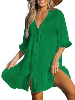 CUPSHE Damen Strandkleid Bikini Cover Up V Ausschnitt Knopfleiste Rüschen Freizeitkleider Sommer Loose Beachwear Mini Dress Grün S von CUPSHE