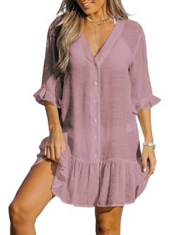 CUPSHE Damen Strandkleid Bikini Cover Up V Ausschnitt Knopfleiste Rüschen Freizeitkleider Sommer Loose Beachwear Mini Dress Rose XL von CUPSHE