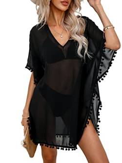 CUPSHE Damen Strandkleid Bikini Cover Up V Ausschnitt Seitenschlitz Pompons Quasten Freizeitkleid Sommer Beach Mini Dress Schwarz M von CUPSHE