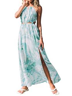 CUPSHE Damen Strandkleid mit Zierausschnitten Marmordruck Schlitz Maxikleid Sommerkleid Casual Strand Maxi Dress Blau/Weiß L von CUPSHE