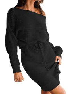 CUPSHE Damen Strickkleid Pullikleid One Shoulder Langarm Schulterfrei Asymmetrisch Rippenstrick Pulloverkleid Knit Sweater Dress Schwarz XS von CUPSHE