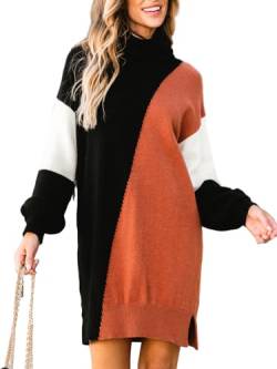 CUPSHE Damen Strickkleid Pullikleid Rollkragen Langarm Seitenschlitz Farbblock Feinstrick Longpullover Pulloverkleid lässig Knit Sweater Mini Dress Schwarz Orange XL von CUPSHE