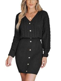 CUPSHE Damen Strickkleid Pullikleid V Ausschnitt Knöpfen Langarm Zopfmuster Herbst Winter Rippenstrick Pulloverkleid Knit Sweater Bodycon Mini Dress Schwarz L von CUPSHE