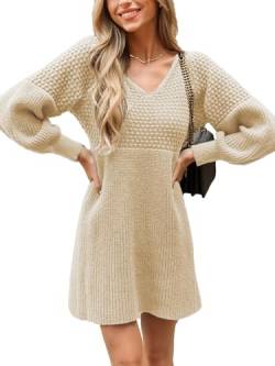 CUPSHE Damen Strickkleid Pullikleid V Ausschnitt Langarm Wabenmuster Feinstrick Pulloverkleid Knit Sweater Mini Dress Aprikose S von CUPSHE