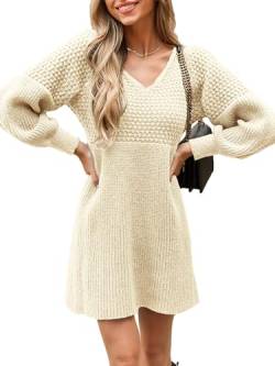 CUPSHE Damen Strickkleid Pullikleid V Ausschnitt Langarm Wabenmuster Feinstrick Pulloverkleid Knit Sweater Mini Dress Beige M von CUPSHE