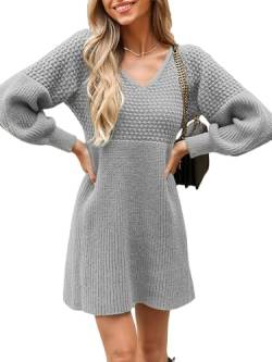 CUPSHE Damen Strickkleid Pullikleid V Ausschnitt Langarm Wabenmuster Feinstrick Pulloverkleid Knit Sweater Mini Dress Hellgrau L von CUPSHE