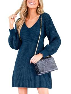 CUPSHE Damen Strickkleid Pullikleid V Ausschnitt Langarm Wabenmuster Feinstrick Pulloverkleid Knit Sweater Mini Dress Marineblau M von CUPSHE