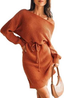 CUPSHE Damen Strickkleid Pulloverkleid One Shoulder Langarm Asymmetrisch Herbst Winter Rippenstrick Pullikleid Knit Sweater Dress Orange L von CUPSHE