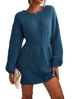 CUPSHE Damen Strickkleid Pulloverkleid Rundhals Grobstrick Strukturierter Pulli Lässig Knit Sweater Tunika Mini Dress Blau M von CUPSHE