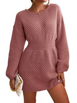 CUPSHE Damen Strickkleid Pulloverkleid Rundhals Grobstrick Strukturierter Pulli Lässig Knit Sweater Tunika Mini Dress Rosa S von CUPSHE