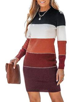 CUPSHE Damen Strickkleid Pulloverkleid Rundhals Langarm Farbblock Pulli Herbst Winter Kleider Bodycon Knit Sweater Dress Orange L von CUPSHE