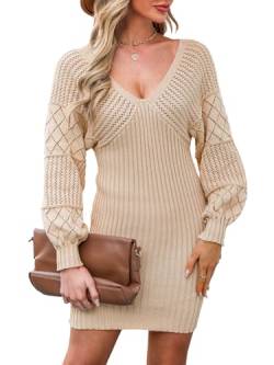 CUPSHE Damen Strickkleid Pulloverkleid V Ausschnitt Langarm Herbst Winter Rippenstrick Pullikleid Bodycon Knit Sweater Dress Aprikose M von CUPSHE