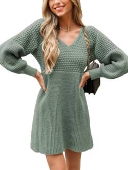 CUPSHE Damen Strickkleid Pulloverkleid V Ausschnitt Langarm Wabenmuster Feinstrick Pullikleid Knit Sweater Mini Dress Dusty Green XS von CUPSHE