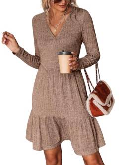 CUPSHE Damen Strickkleid Pulloverkleid Wickeloptik V Ausschnitt Rüschensaum Herbst Winter Pulli Minikleider Elegant Knit Sweater Dress Braun L von CUPSHE