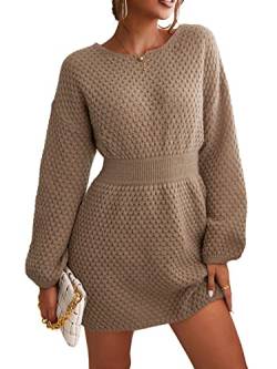 CUPSHE Damen Strickkleid Rundhals Langarm Grobstrick Pulloverkleid Winterpullover Strickpulli Lässig Sweater Knit Mini Dress Kaffee S von CUPSHE