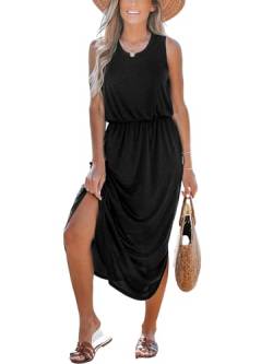 CUPSHE Damen Strickkleid Strandkleid Seitenschlitz Elastische Taille Rundhalsausschnitt Sommerkleider Cover Ups, Schwarz, Groß von CUPSHE