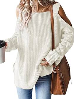 CUPSHE Damen Strickpullover Karrée Ausschnitt Langarm Seitenschlitz Feinstrick Pulli Oversized Schulterfreies Oberteil Top Beige L von CUPSHE