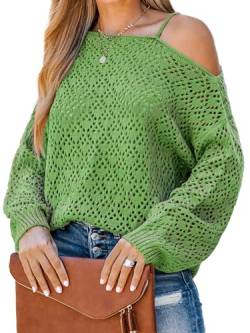 CUPSHE Damen Strickpullover One Shoulder Langarm Lochmuster Feinstrick Schulterfreier Pulli Oberteile Tops Casual Knit Sweater Grün S von CUPSHE