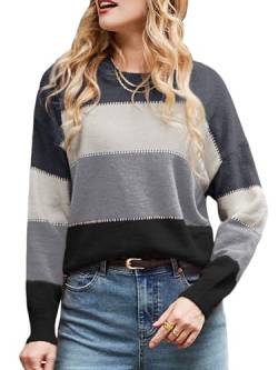 CUPSHE Damen Strickpullover Rundhals Langarm Farbblock Kontraststreifen Feinstrick Pulli Oberteile Tops Casual Knit Sweater Stahl M von CUPSHE