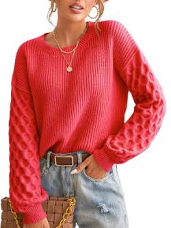 CUPSHE Damen Strickpullover Rundhals Langarm Feinstrick Pulli Jumper Oberteile Tops Honeycomb Knit Sweater Rot M von CUPSHE