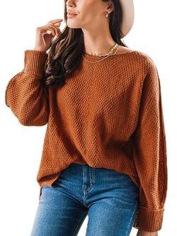 CUPSHE Damen Strickpullover Rundhals Langarm Seitenschlitz Feinstrick Pulli Oberteile Tops Loose Knit Sweater Braun XL von CUPSHE