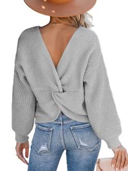 CUPSHE Damen Strickpullover Rundhals Langarm Twist Rückenfrei Fledermausärmel Rippenstrick Pulli Oberteile Tops Knit Sweater Grau S von CUPSHE