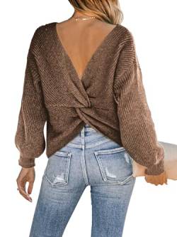 CUPSHE Damen Strickpullover Rundhals Langarm Twist Rückenfrei Fledermausärmel Rippenstrick Pulli Oberteile Tops Knit Sweater Khaki S von CUPSHE