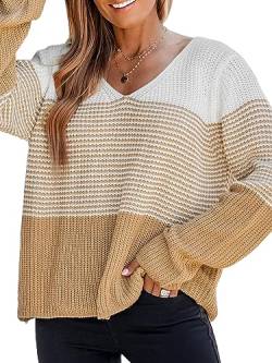 CUPSHE Damen Strickpullover V Ausschnitt Langarm Streifen Kontrastfarbe Feinstrick Pulli Oberteile Tops Lässig Knit Sweater Kurkuma S von CUPSHE