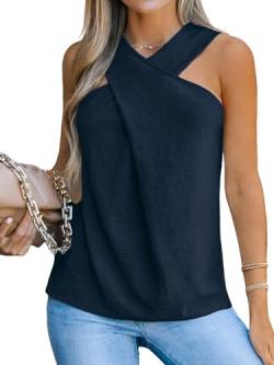 CUPSHE Damen Tank Top Neckholder Criss Cross Ärmellose Oberteile Sommer Lässig Cami Tee Bluse Shirt Vest Tops Marineblau M von CUPSHE