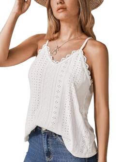 CUPSHE Damen Tank Top Spitzen Wellenkante V Ausschnitt Ärmellose Spaghetti Camisole Top Tee Shirt Sommer Bluse Weiß M von CUPSHE