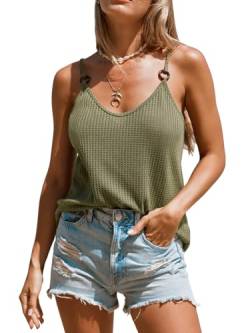 CUPSHE Damen Tank Top V Ausschnitt Ärmellose Ringen Spaghetti Oberteile Cami Tee Bluse Shirt Sommer Vest Knit Tops Grün M von CUPSHE