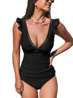 CUPSHE Damen-Tankini-Set, zweiteilig, V-Ausschnitt, gerüscht, Bauchkontrolle, Leiterbesatz (XS - 4XL), Schwarz, 4X-Large von CUPSHE