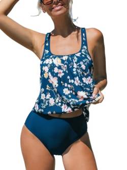 CUPSHE Damen-Tankini-Set, zweiteilig, mittlere Taille, U-Ausschnitt, verstellbare Träger, gerüschte Krawatte (XS - 4XL), Marineblau/Floral, 18 Plus von CUPSHE