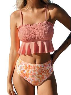 CUPSHE Damen Tankini Set Zweiteiliger Badeanzug Geraffte Rüschen Trägerlos Bandeau Gesmoktes Top Badeanzüge Hohe Taille Unterteil, Pfirsichrosa/Blumen, L von CUPSHE