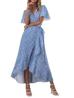 CUPSHE Damen V-Ausschnitt Ditsy Floral Wrap Maxikleid Kurzarm Sommerkleid A Linie Kleid, Blau, Klein von CUPSHE